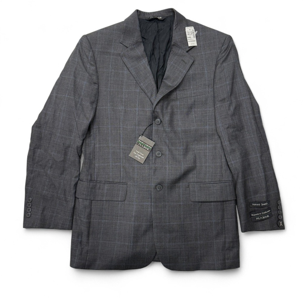 Jos A Bank Travelers Collection Gray Plaid Wool Blazer Jacket 39R NWT Mens